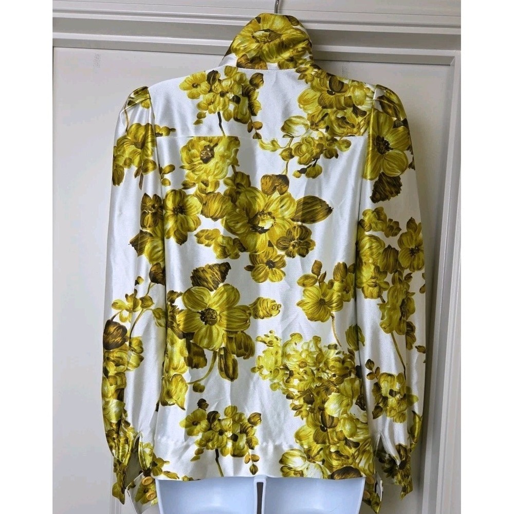 Vtg 60s 70s Hand Made Double Knit Shiny Floral Pussybow Blouse Top Mod Size S? - Picture 3 of 13